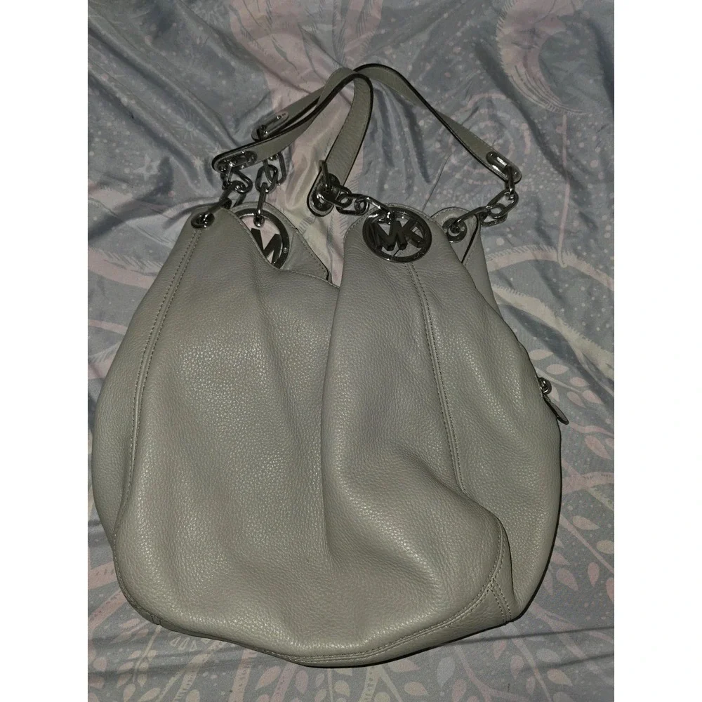 Michael Kors Fulton Hobo Shoulder Bag Gray Pebbled Leather Silver MK Logo Charm